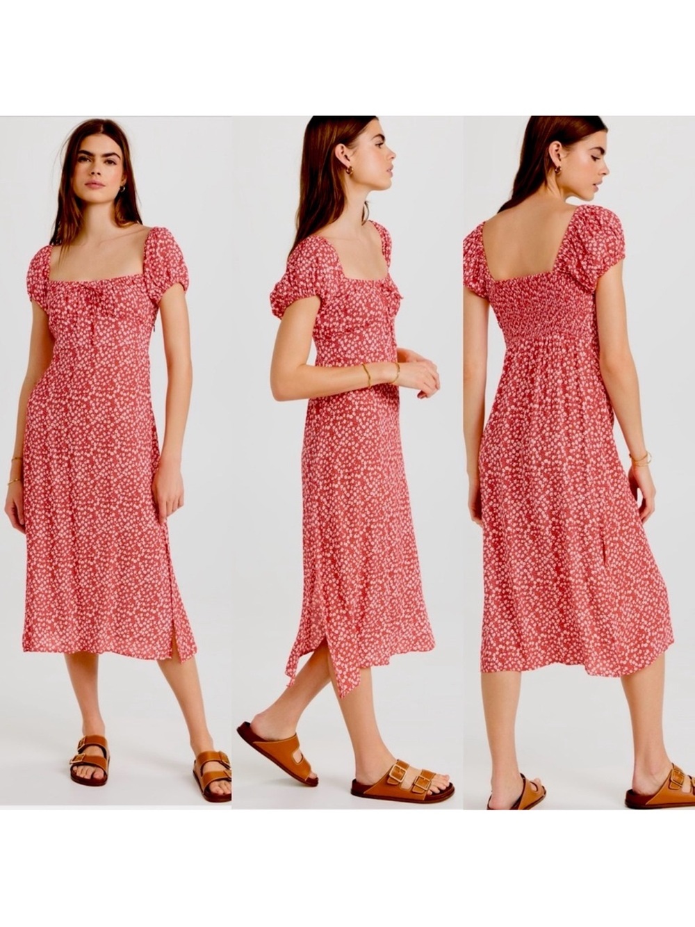 FAITHFULL THE BRAND Sandrina Midi Dress Smocked Puff Sleeve Floral Side Slit M